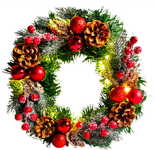 摩達客 質感聖誕花圈福臨圈 + 20燈LED暖白光燈串, 冬雪系小紅莓刷白松果, 1個