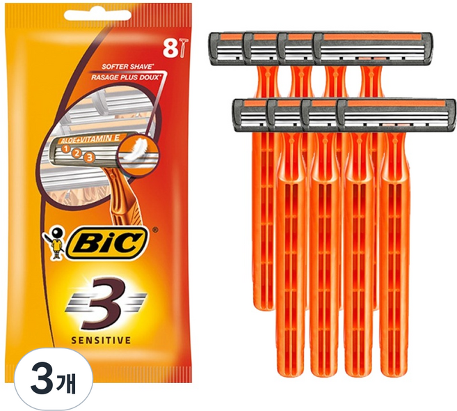 빅 남성용 3중날 센서티브 휴대용 면도기, 3개, 8개입