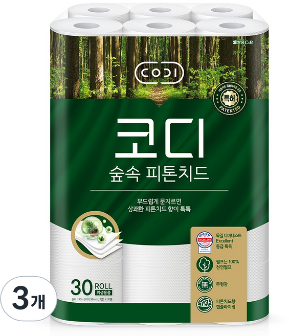 코디 3겹 숲속 피톤치드 롤화장지, 30m, 30롤, 3팩