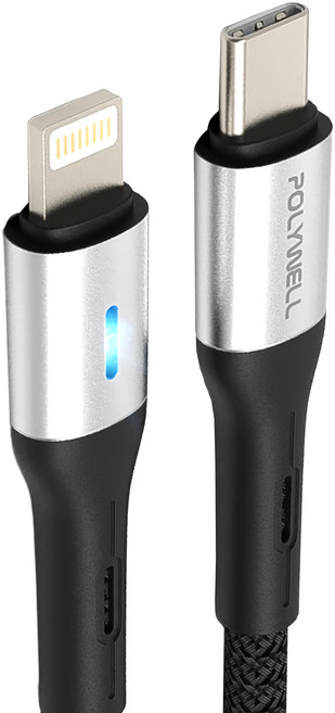 POLYWELL 寶利威爾 Type-C To Lightning LED PD編織快充線 適用iPhone PW15-W45-A330, 2m, 1條
