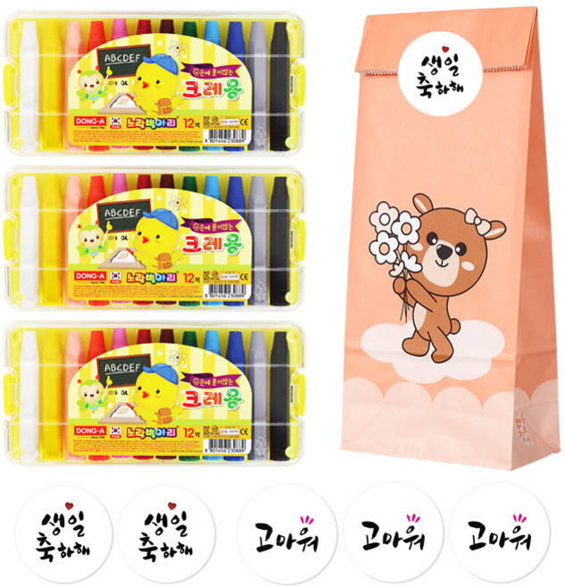 동아 노랑병아리 크레용 3p + 종이봉투 3p + 스티커 6p 세트, 12색, 1세트
