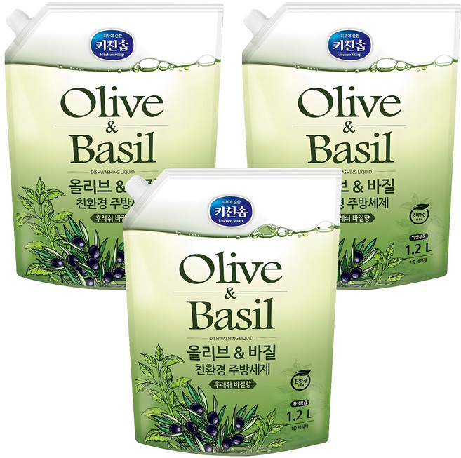 키친솝 올리브 & 바질 친환경 주방세제, 1.2L, 3개