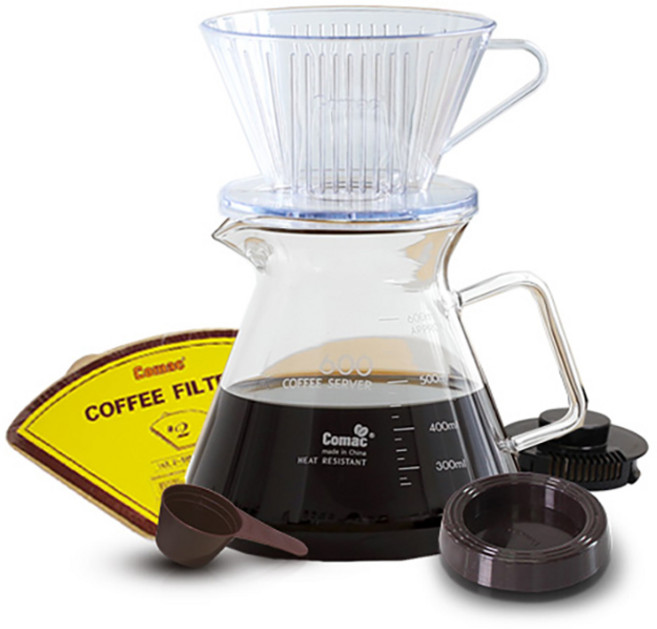 코맥 커피 핸드드립 세트, 600ml, 1세트, 커피서버 1개/ 플라스틱드리퍼(2~5인용) 1개/ 받침대 1개/ 여과지 (2~5인용, 100매) 1개/ 계량스푼 1개