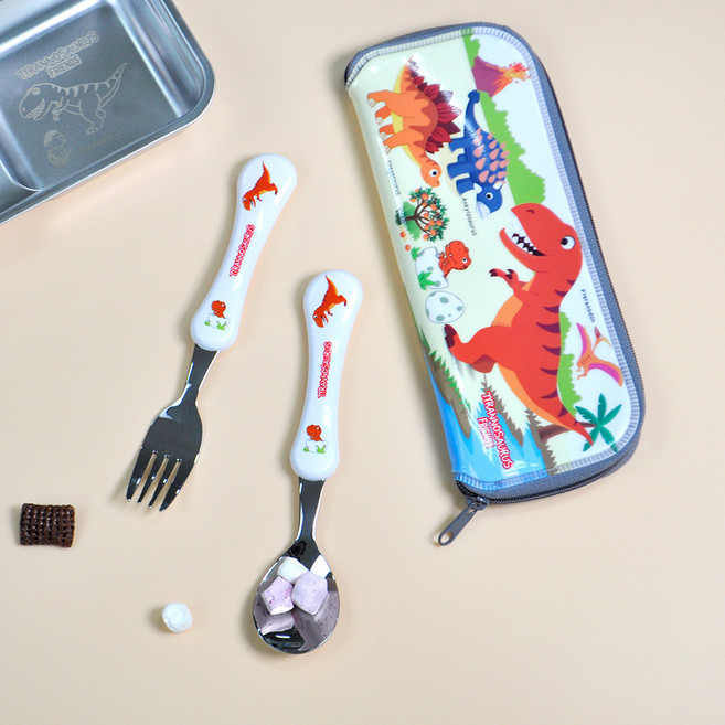 키친유 아동용 티라노 웨이브 스텐 스푼 포크 수저집 세트, 혼합색상, 1세트, 스푼 + 포크 + 수저집