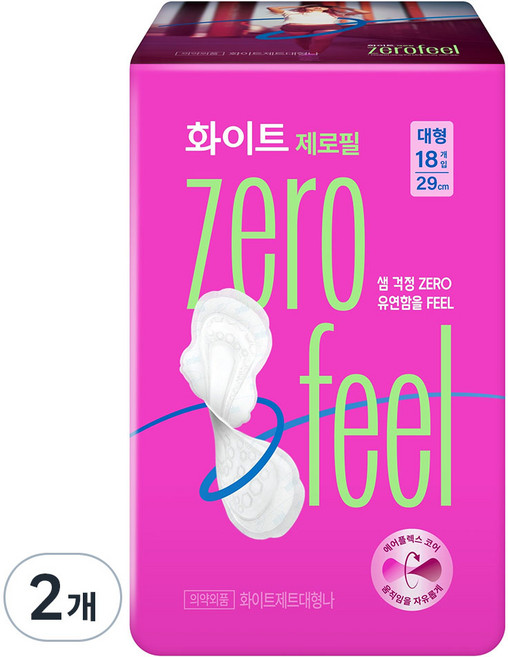 화이트 제로필 생리대 날개형, 대형, 18개입, 2개