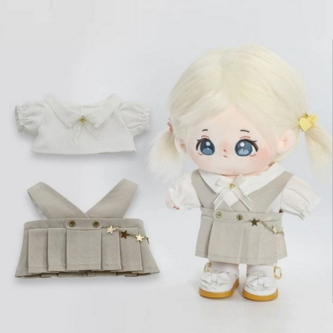 MochaDoll 20cm 棉娃娃衣 蝴蝶結連身裙 + 襯衫套組, 1套, 米色