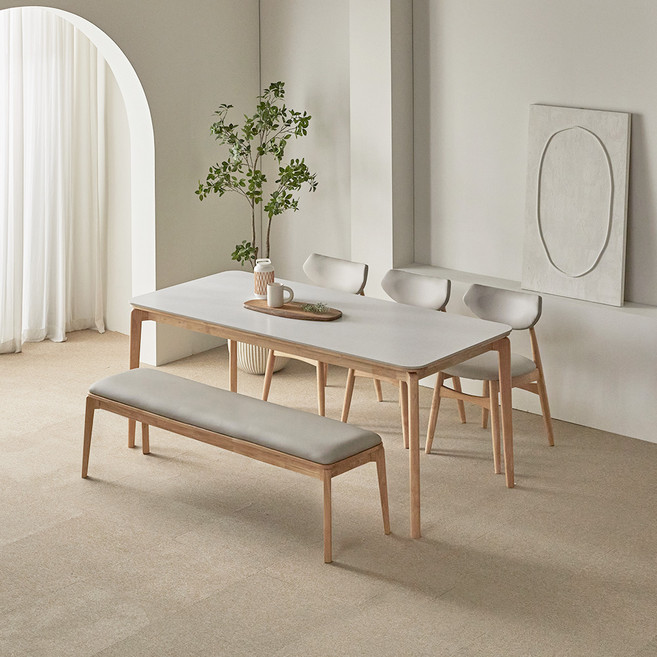 파로마 리샤르 세라믹 원목식탁 1800 6인용 + B리샤르 의자 3p + 벤치 세트 방문설치, 화이트상판+내추럴원목, 일반 3 + 벤치 1