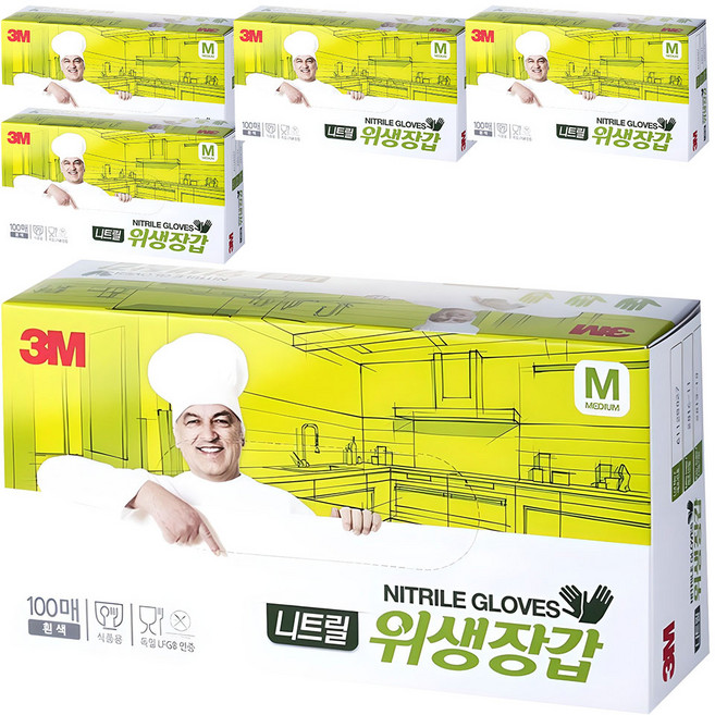 쓰리엠 니트릴 위생장갑 100p, 화이트, M, 5개