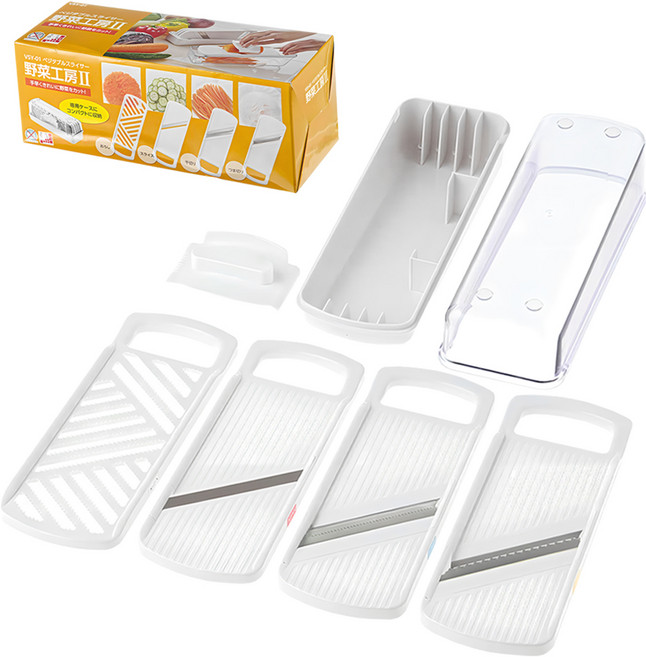 시모무라 야채공방 손잡이 채칼 강판 슬라이서 4종 + 케이스 + 안전홀더 세트 VSY-01, 화이트, 1세트