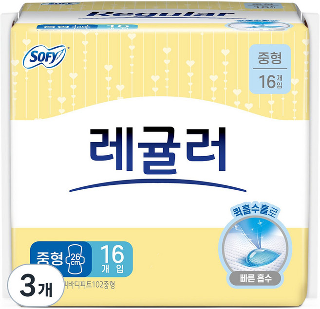 쏘피 바디피트 레귤러 생리대 날개형, 3개, 16개입, 중형