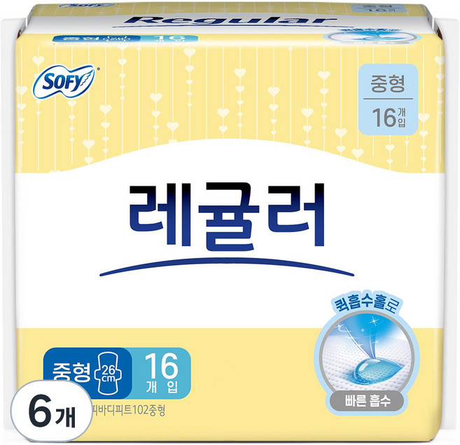 쏘피 바디피트 레귤러 생리대 날개형, 6개, 16개입, 중형