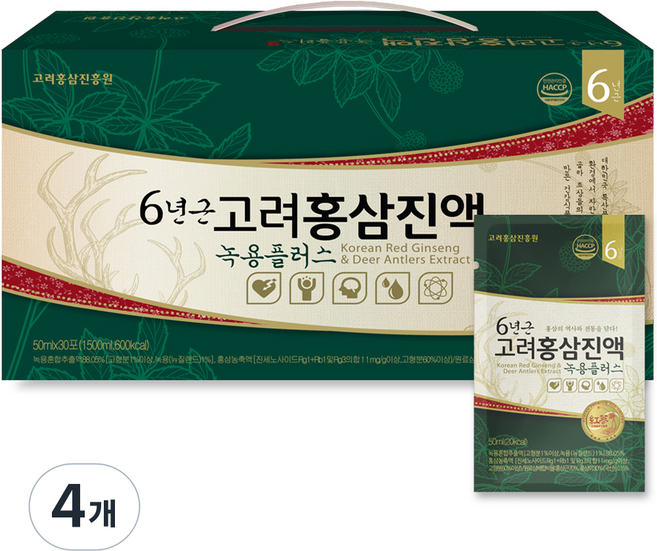 고려홍삼진흥원 6년근 고려홍삼진액 녹용플러스, 50ml, 30개입, 4개