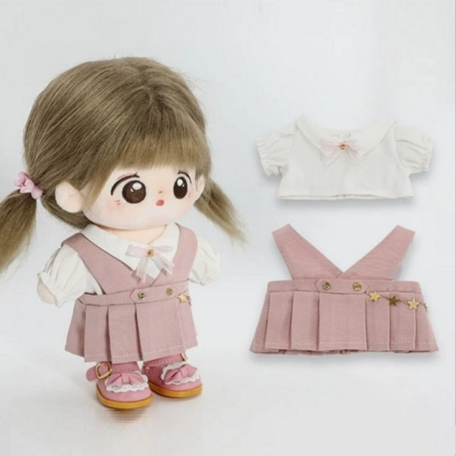 MochaDoll 20cm 棉娃娃衣 蝴蝶結連身裙 + 襯衫套組, 1套, 粉紅色