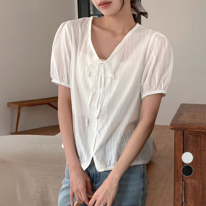 아피나르 여성용 로맨틱 시어 스트라이프 퍼프 타이 블라우스