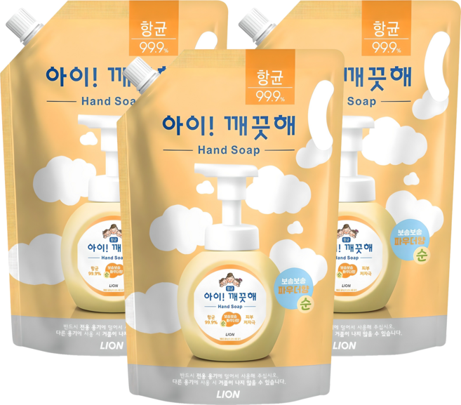 아이깨끗해 핸드워시 순 파우더향 리필용, 1.8L, 3개