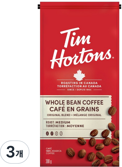 팀홀튼 오리지날 블랜드 홀빈 커피 원두, 300g, 3개, 홀빈(분쇄안함)