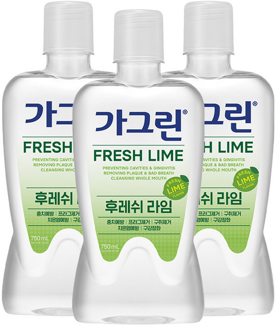 가그린 구강청결제 후레쉬 라임, 750ml, 3개