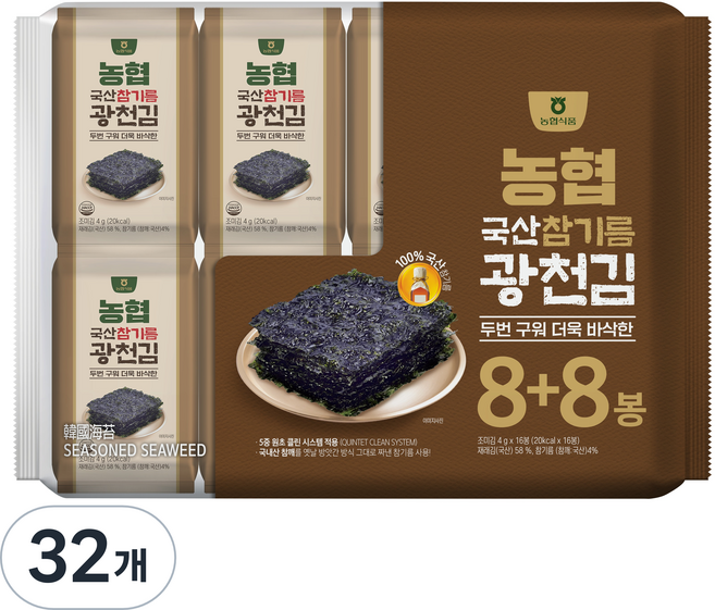 농협 참기름 광천김, 4g, 32개