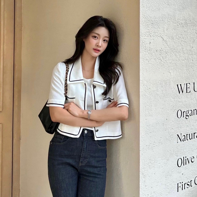 Mind Bridge 女款翻領粗花呢短袖夾克 MYJK3212