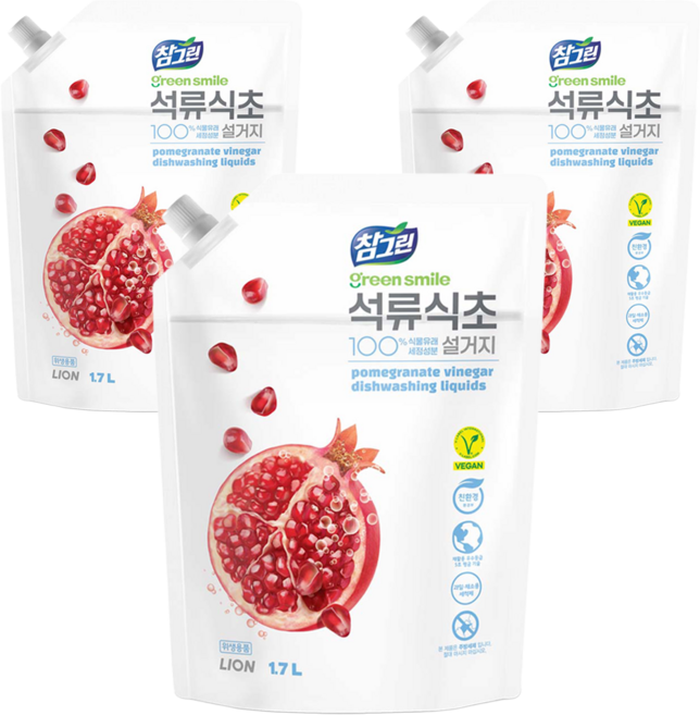 참그린 석류식초 설거지 주방세제 리필, 1.7L, 3개
