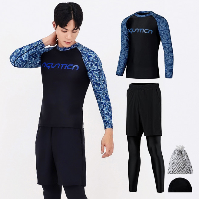 아쿠아티카 남성용 래쉬가드 상의 + 레깅스반바지 + 스판수모 + 비닐백 세트