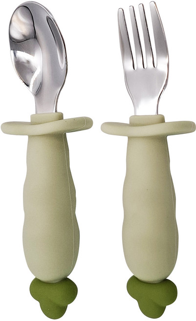 PiYOPiYO 黃色小鴨 鉑金矽膠316不鏽鋼學習蘿蔔湯叉組 12 x 3.8 x 2.4cm, 1組, 綠色