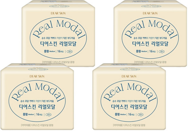 디어스킨 리얼모달 생리대 날개형, 중형, 16개입, 4개