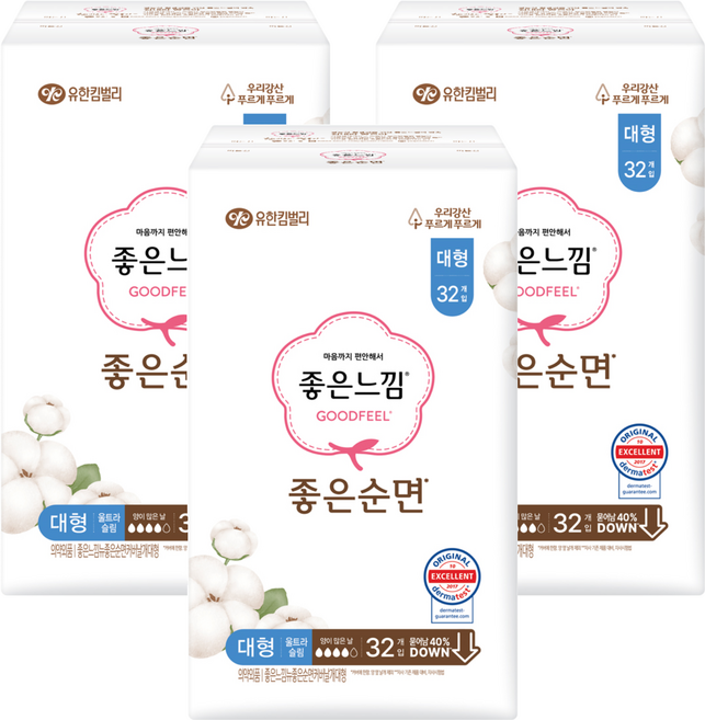 좋은느낌 좋은순면 생리대 날개형, 대형, 32개입, 3개