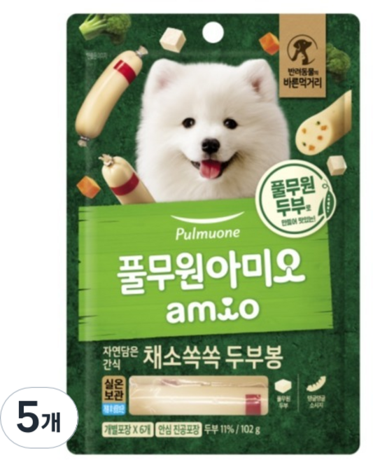 풀무원아미오 강아지 자연담은 간식 채소쏙쏙 두부봉 간식, 두부맛, 102g, 5개