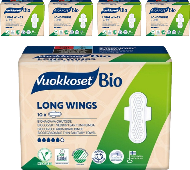 [비건라이프] 뷰코셋 바이오 롱 윙 생리대 날개형, 중형, 10개입, 5개