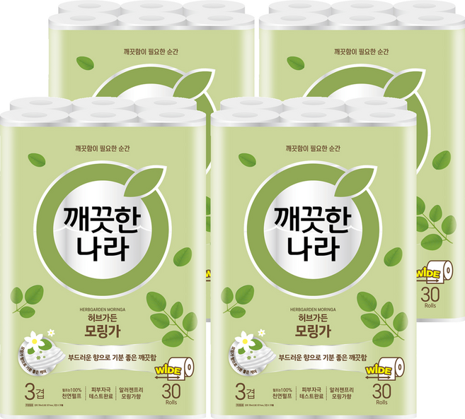 깨끗한나라 허브가든 모링가 3겹 천연펄프 화장지, 30m, 30개입, 4개