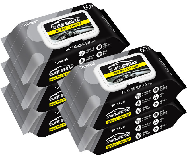 탐사 자동차 차량용 99.9%살균 세정티슈 탈취기능추가, 5개, 60개