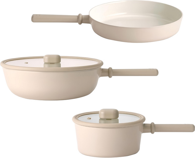 NEOFLAM 台灣公司貨 經典Chouchou系列 電磁爐適用陶瓷塗層鑄造鍋3件組, 奶茶色, 炒鍋 + 平底鍋 + 單柄湯鍋, 1組