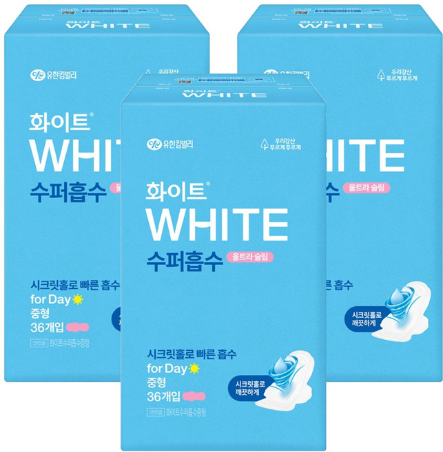 화이트 수퍼흡수 울트라슬림 생리대 날개형, 중형, 36개입, 3개