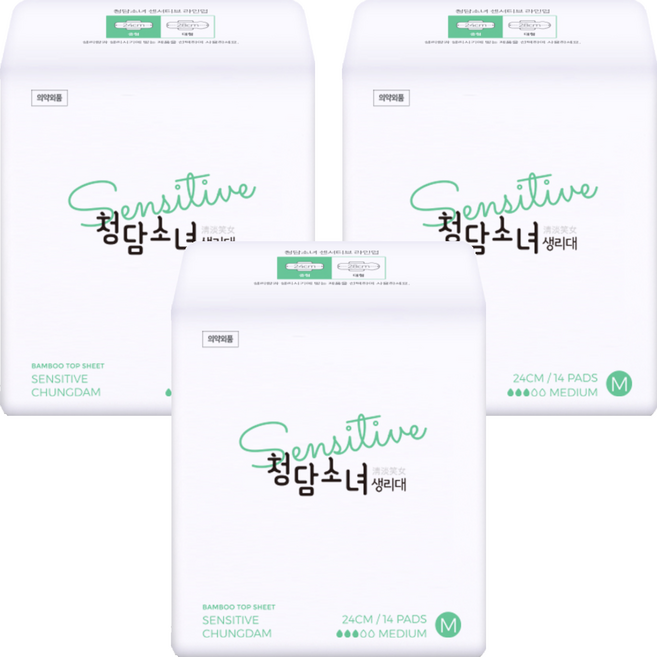 [비건라이프] 청담소녀 센서티브 생리대 날개형, 중형, 14개입, 3개