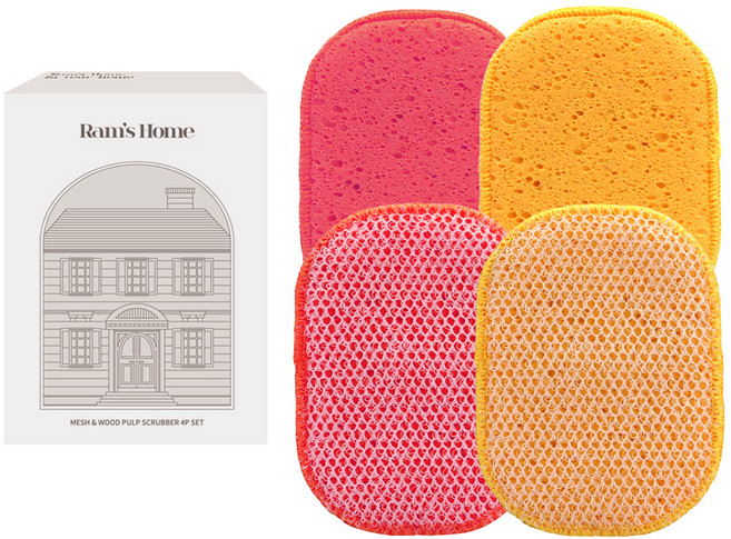 람스홈 셀룰로오스 그물망사 무흠집 수세미 옐로우 2개 핑크 2개, 4개입, 1세트