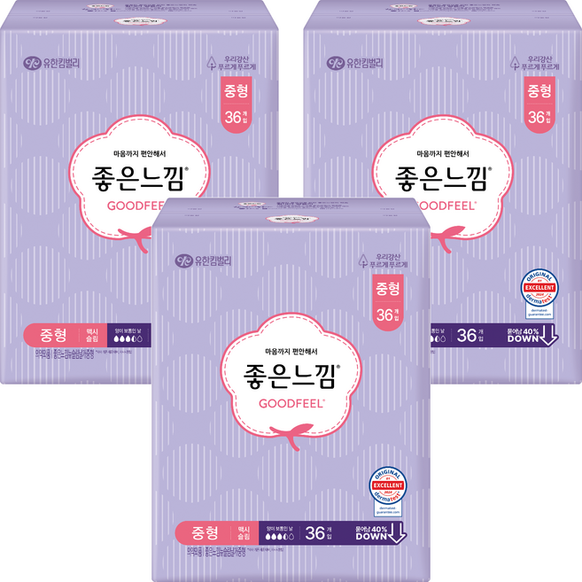 좋은느낌 오리지널 맥시슬림 생리대 날개형, 중형, 36개입, 3개