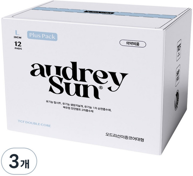 오드리선 TCF 더블코어 생리대 날개형, 대형, 12개입, 3개