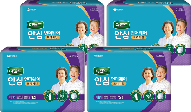 디펜드 남녀공용 안심 언더웨어 프리미엄 성인기저귀, 대형, 12개입, 4개