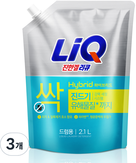리큐 진한겔 하이브리드 드럼세탁기용 액상세제 리필, 2.1L, 3개