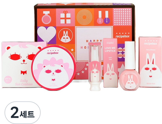 레시피박스 어린이 화장품 B 선물세트, 2세트, 매니큐어 체리블라썸 + 선쿠션 + 립스틱 베이비 핑크 + 선물박스