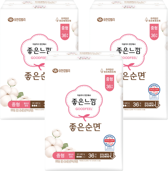 좋은느낌 좋은순면 생리대 날개형, 중형, 36개입, 3개