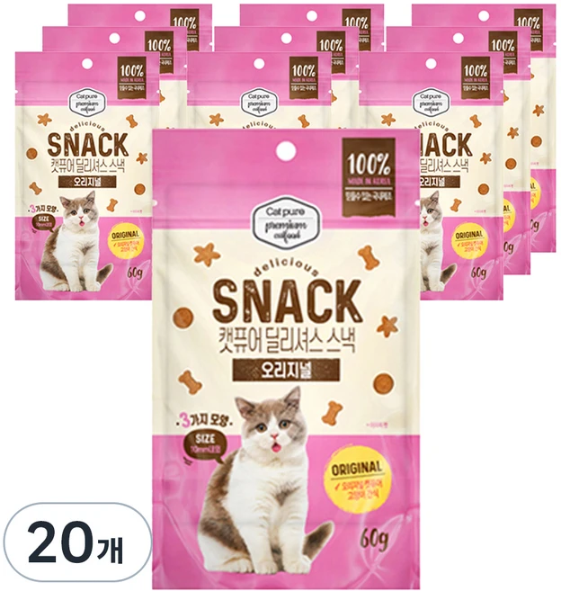 캣퓨어 고양이 딜리셔스 스낵, 20개, 60g, 오리지널 - 쿠팡