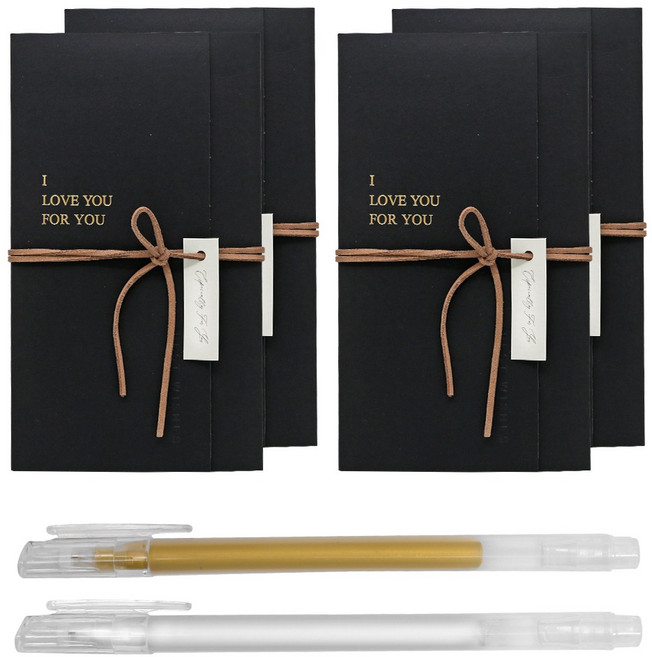 리드홈 블랙에디션 예쁜 가죽끈 메세지카드 편지지 4종 + 젤펜 2p 세트, 블랙(편지지), 화이트 + 골드(젤펜), 1세트