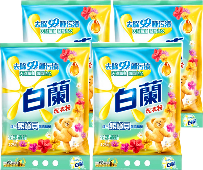 白蘭 蘊含熊寶貝 馨香精華洗衣粉 花漾清新, 4.25kg, 4包