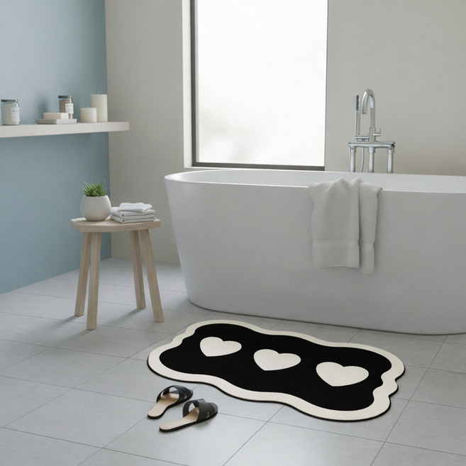 MF스토어 귀여운 빨아쓰는 깨지지 않는 두꺼운 하트 규조토 발매트, 블랙