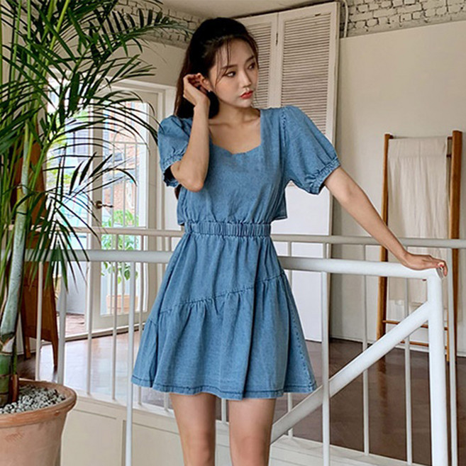 엔비룩 백포인트 데님 반팔 원피스