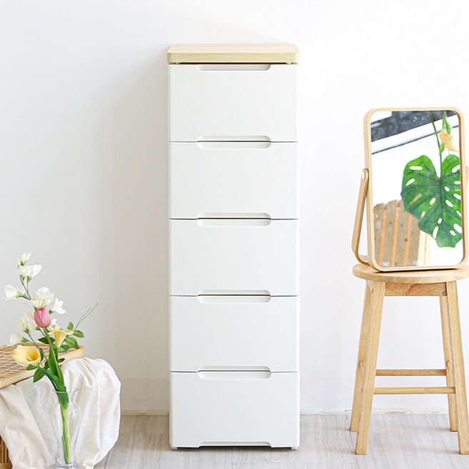 아이리스코리아 프리미엄 레일 5단 슬림 서랍장 우드상판 HG-325B, 내추럴