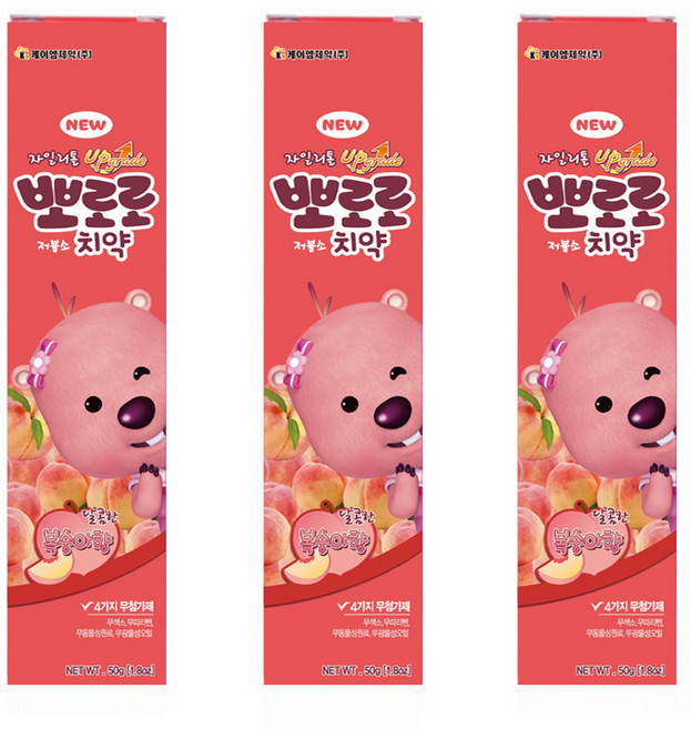 뽀로로 저불소 치약 복숭아향, 50g, 3개