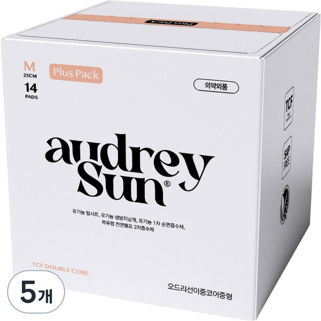 오드리선 TCF 더블코어 생리대 날개형, 중형, 14개입, 5개